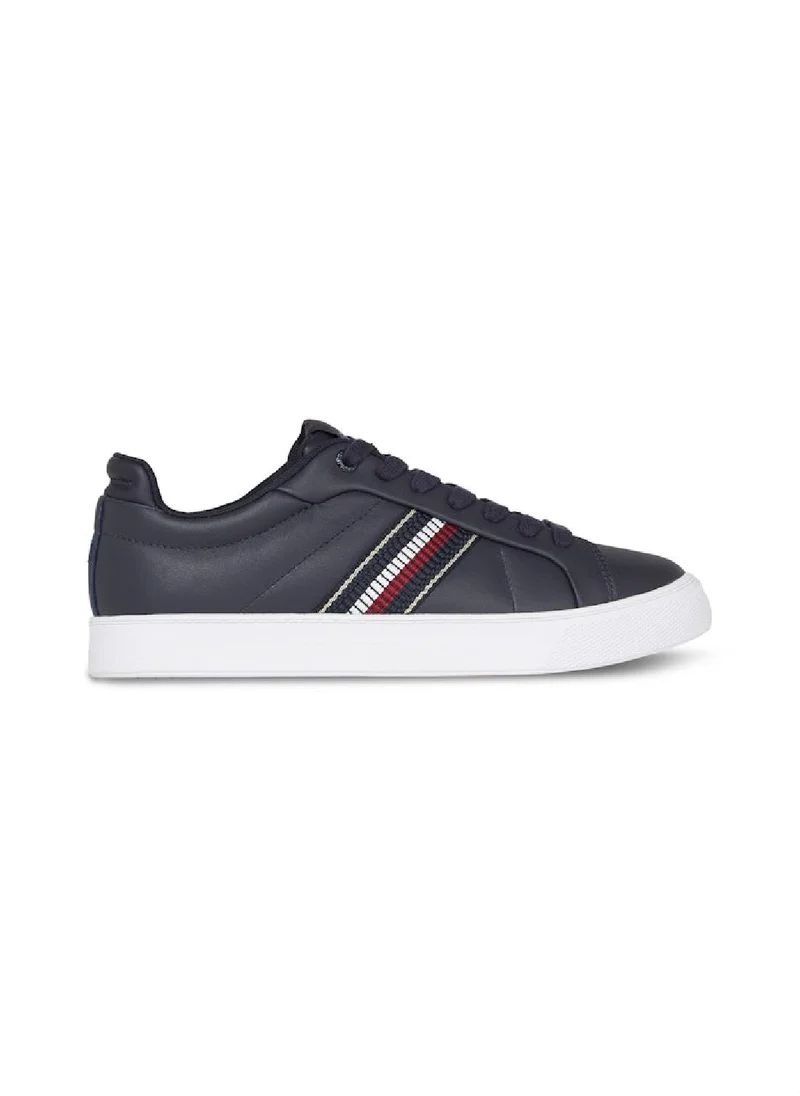 TOMMY HILFIGER Women's Leather Signature Tape Court Trainers, Blue - Leather