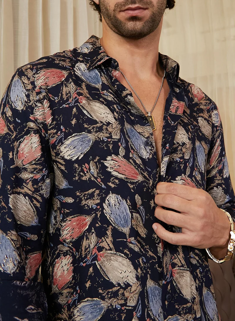 Campus Sutra Men's Onyx Black Bloom-Traces Shirt