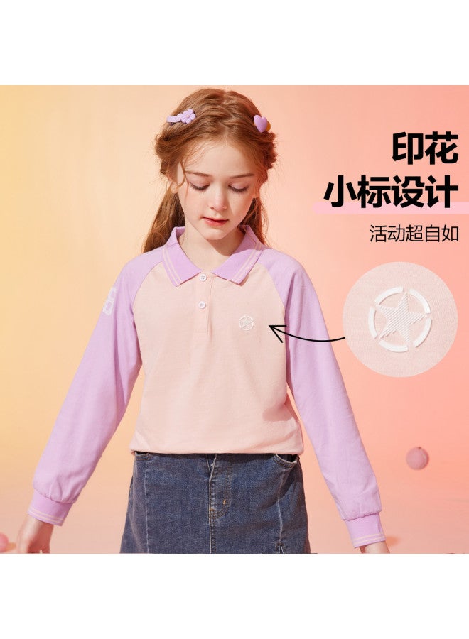 ASK JUNIOR Parent-child Matching Long-sleeved T-shirt, New Autumn Collection, Children's Girls' Color-blocking Polo Shirt, Sporty Running Style T-shirt - Image 3