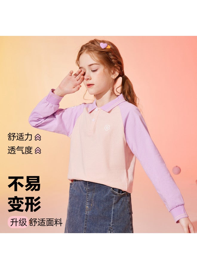 ASK JUNIOR Parent-child Matching Long-sleeved T-shirt, New Autumn Collection, Children's Girls' Color-blocking Polo Shirt, Sporty Running Style T-shirt - Image 2