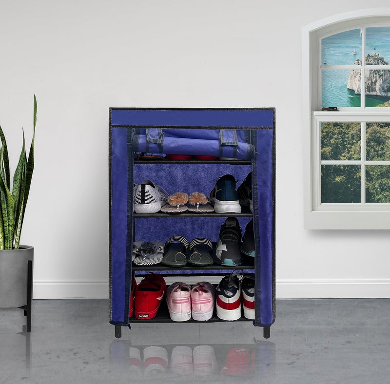 PHILOSHOP Multipurpose 4-Tiers Shoe Rack with Dustproof Zip Cover, Multiuse Wide Space Storage Rack made by Non Woven Fabric for footwear, Toys, clothes(Blue, Metal) - Image 1