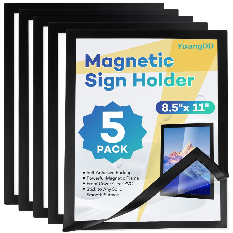 YixangDD 5 Pack Magnetic Sign Holder 8.5 x 11, Self-Adhesive Magnetic Wall Mount Sign Holder, Magnetic Document Holder for Wall Window Office Poster Store - Image 1