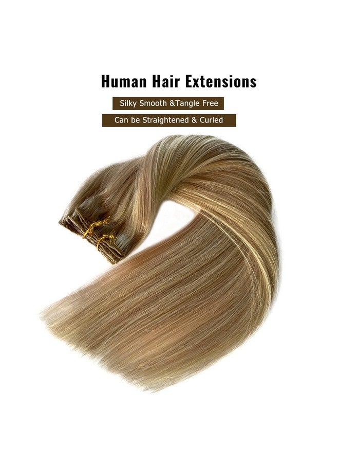 Clip In Hair Extensions Real Human Hair,12 Inch Golden Blonde Balayage Light Blonde Highlights Clip In Hair Extensions Human Hair Clip In Extensions 70G 7 Pcs Double Weft Remy Human Hair Extensions