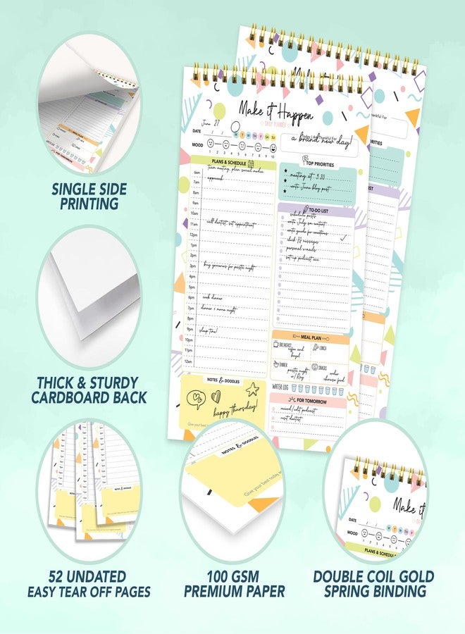 Decorably 52 Sheets Colorful Pastel Undated Daily Planner Pad - 6.5x10in Spring-Bound to Do List Notepad for Schedule, Priorities, Agenda, Water Intake, Meals, Notes and Doodles, Easy Tear-Off Design - Image 4
