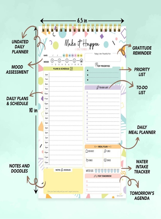 Decorably 52 Sheets Colorful Pastel Undated Daily Planner Pad - 6.5x10in Spring-Bound to Do List Notepad for Schedule, Priorities, Agenda, Water Intake, Meals, Notes and Doodles, Easy Tear-Off Design - Image 3