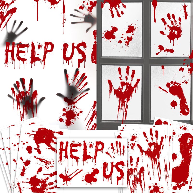 Halloween Window-Clings-Decorations Bloody-Handprint-Footprint Stickers  Scary Halloween Party Indoor/Outdoor Decoration  for Windows  Car - 12 Sheets