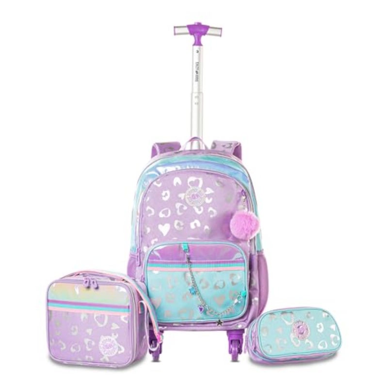 4-Wheel Trolley 17 School Bag Set of 3 Includes Lunch Bag Pencil Pouch Love Purple For Students Lightweight Polyester Durable Wheels Ergonomic Handle - Image 1