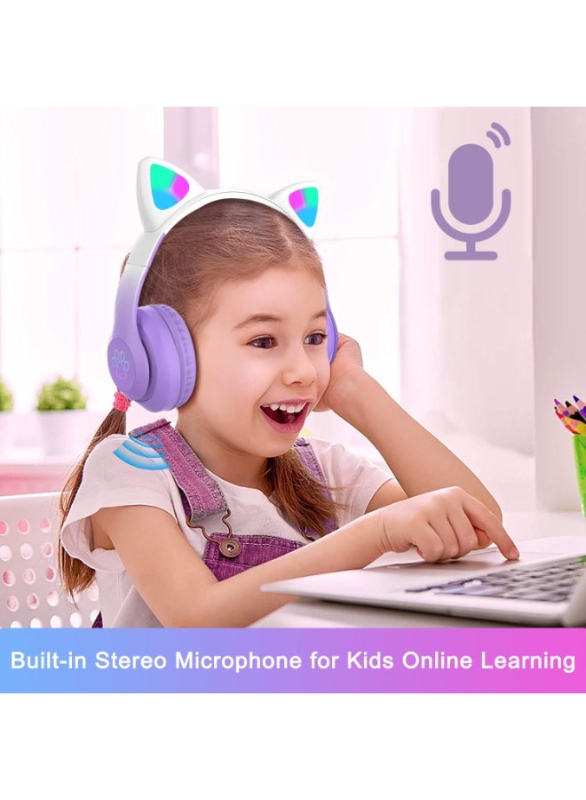 كات سماعات رأس لاسلكية للأطفال بتصميم أذن قطة STN28 - سماعة رأس LED فوق الأذن مع ميكروفون للفتيات والمراهقات والبالغات (بنفسجي) - Image 2