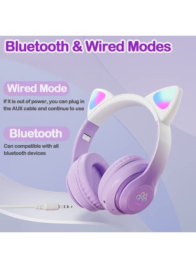 كات سماعات رأس لاسلكية للأطفال بتصميم أذن قطة STN28 - سماعة رأس LED فوق الأذن مع ميكروفون للفتيات والمراهقات والبالغات (بنفسجي) - Image 3