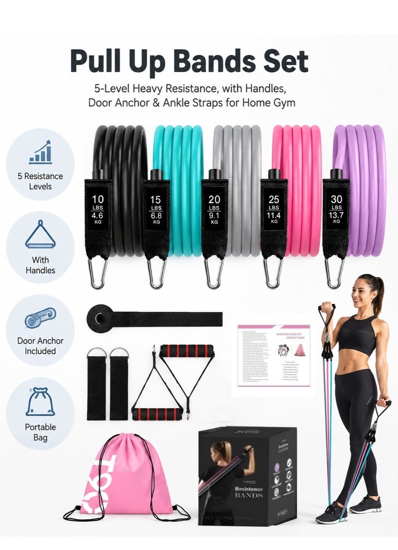 WALALLA Pull Up Resistance Bands Set with Handles, 5-Level Exercise Bands with Door Anchor, Ankle Straps and Carry Bag, Stackable Workout Bands for Strength Training, Yoga and Home Gym - Image 1