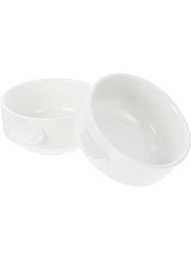 Ceramic Cereal Bowls With Handles 2Pcs White Fine Line Pattern Soup Rice Bowls - Image 1