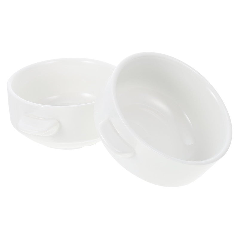 Ceramic Cereal Bowls With Handles 2Pcs White Fine Line Pattern Soup Rice Bowls - Image 2