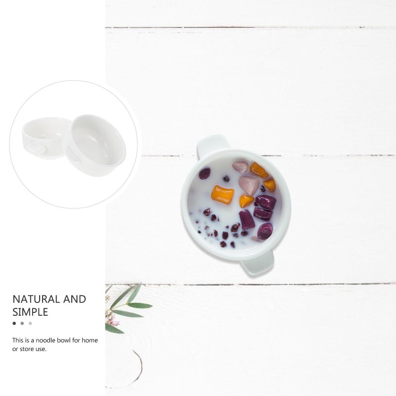 Ceramic Cereal Bowls With Handles 2Pcs White Fine Line Pattern Soup Rice Bowls - Image 3