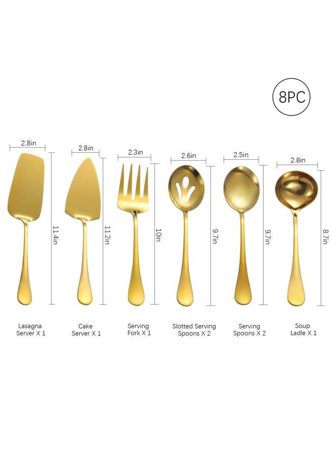 Lazycorner Gold Serving Utensils,8 Pcs Stainless Steel Serving Set with Serving Spoons,Serving Fork,Soup Ladle,Lasagna Server,Pie Server,Polished Serving Utensil Set for Buffet Parties Home,Dishwasher Safe - Image 2