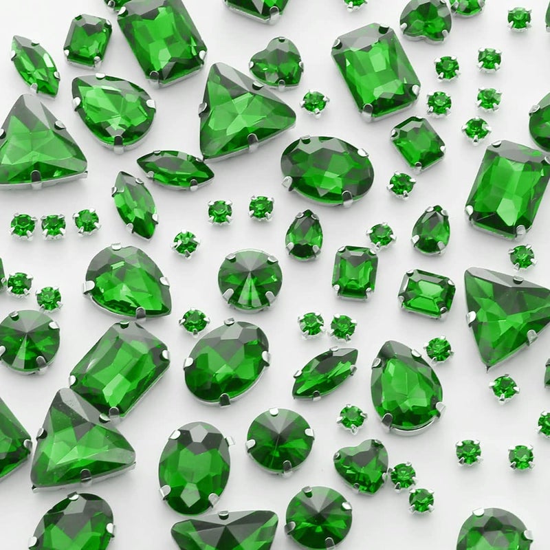 TANOSII Sew on Rhinestones 100 PCS Mixed Shapes Glass Rhinestones Sew on Crystal Gems Mental Flatback with Silver Claw for Jewelry Crafts Clothes Shoes Costume Garment Grass Green - Image 3