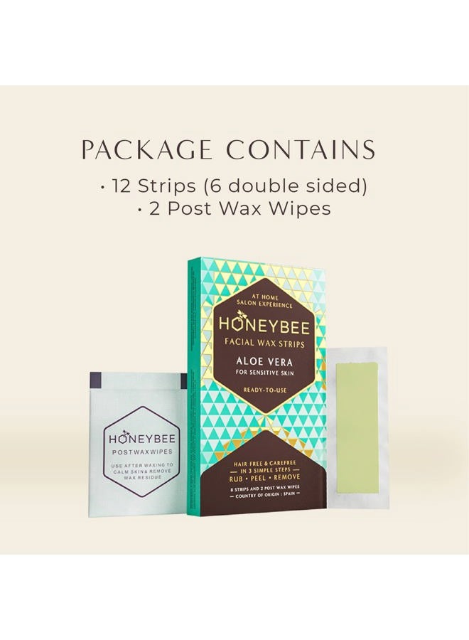 HONEYBEE Honeybee Aloe Vera Facial Wax Strips | Waxing Strips for Women | Upper Lips, Chin, Fingers & Toes Hair Removal | For Sensitive Skin | 12 Strips, 2 After Care Wipes Free  - Image 3