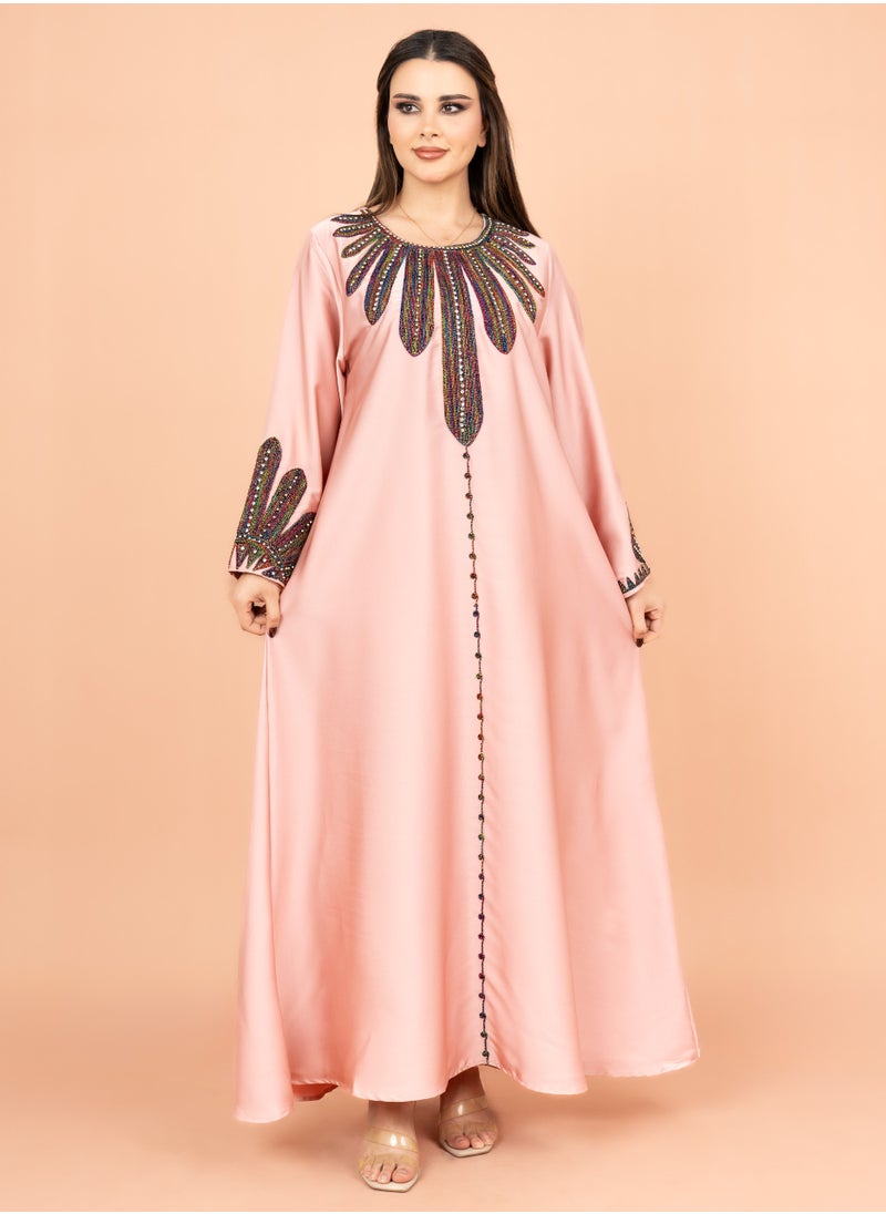IKKXA Solid Embroidered Jalabiya IK1007 Pink  - Image 1
