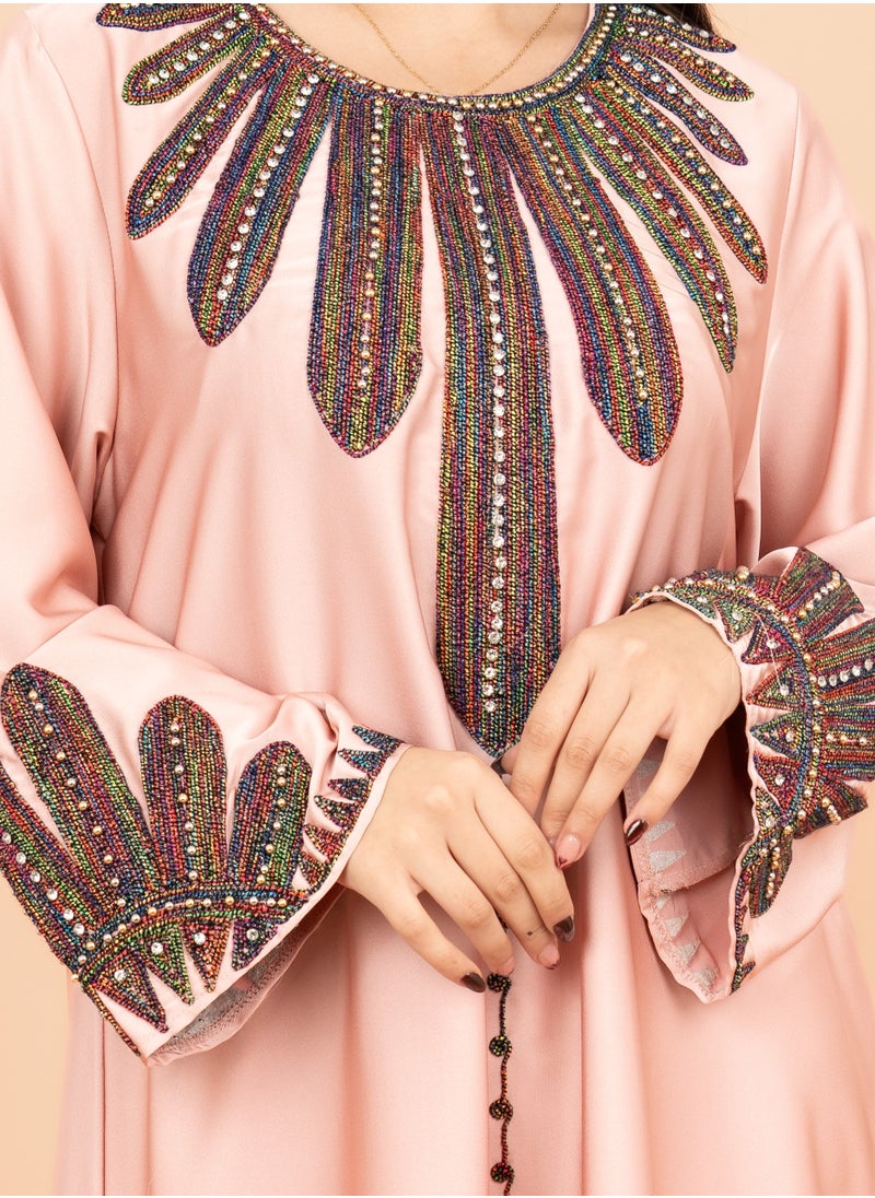 IKKXA Solid Embroidered Jalabiya IK1007 Pink  - Image 2