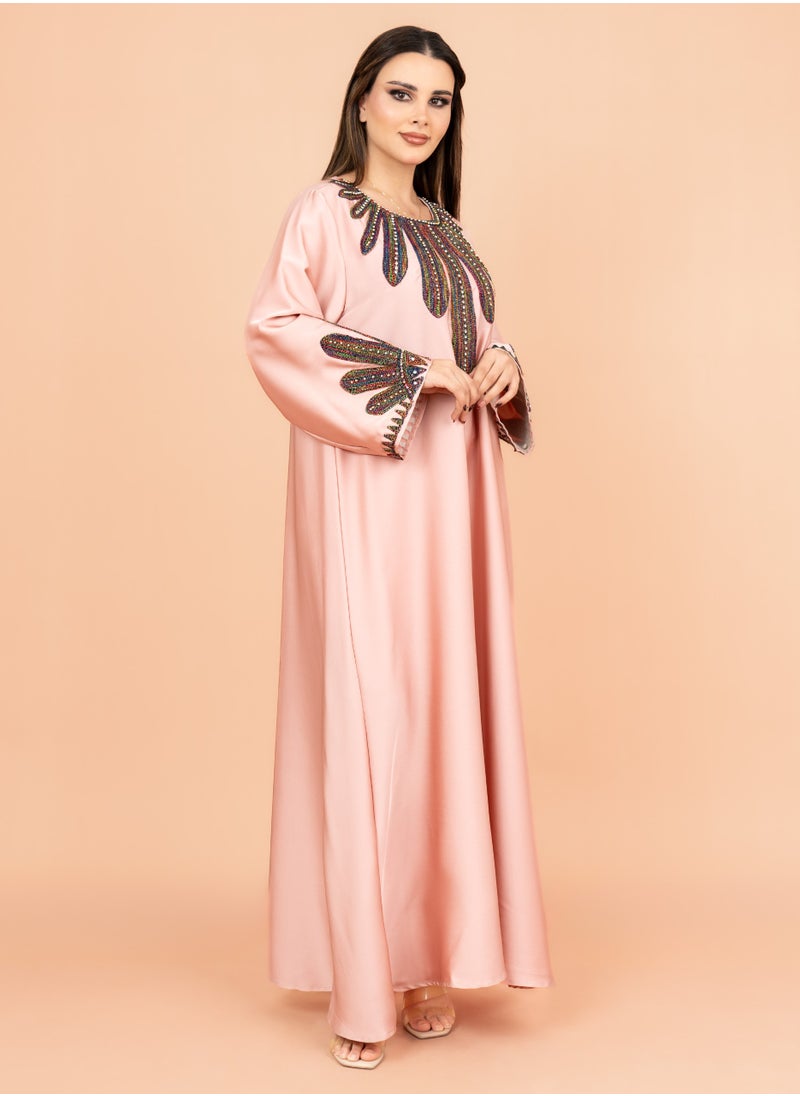 IKKXA Solid Embroidered Jalabiya IK1007 Pink  - Image 3