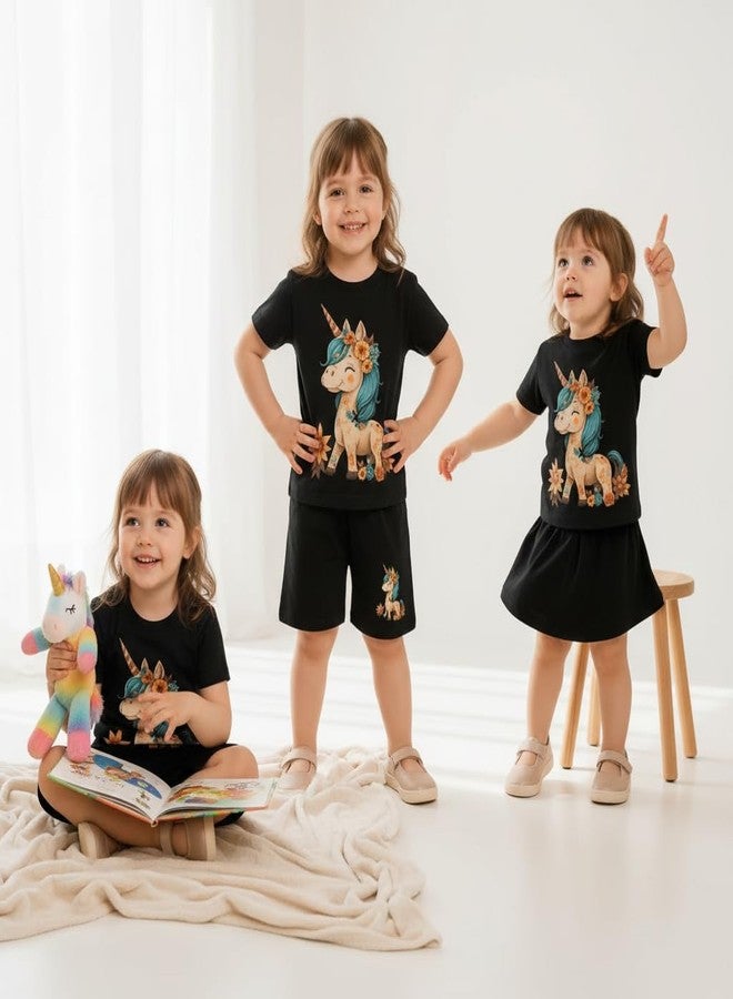 Fommy Pure Cotton T-Shirt Shorts Set for Baby Girl & Toddlers (Black) | Unicorn Print Summer Casual Outfit for Girls | Ultra-Soft Half Sleeve Top & Shorts Cord Set for Home, Play & Outing | 3-4Y - Image 4