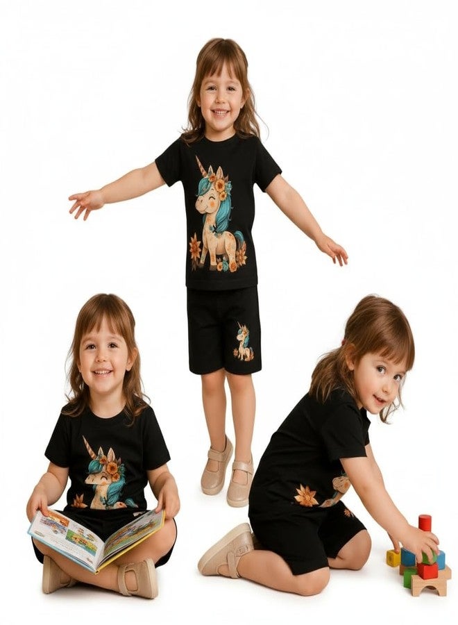 Fommy Pure Cotton T-Shirt Shorts Set for Baby Girl & Toddlers (Black) | Unicorn Print Summer Casual Outfit for Girls | Ultra-Soft Half Sleeve Top & Shorts Cord Set for Home, Play & Outing | 3-4Y - Image 5