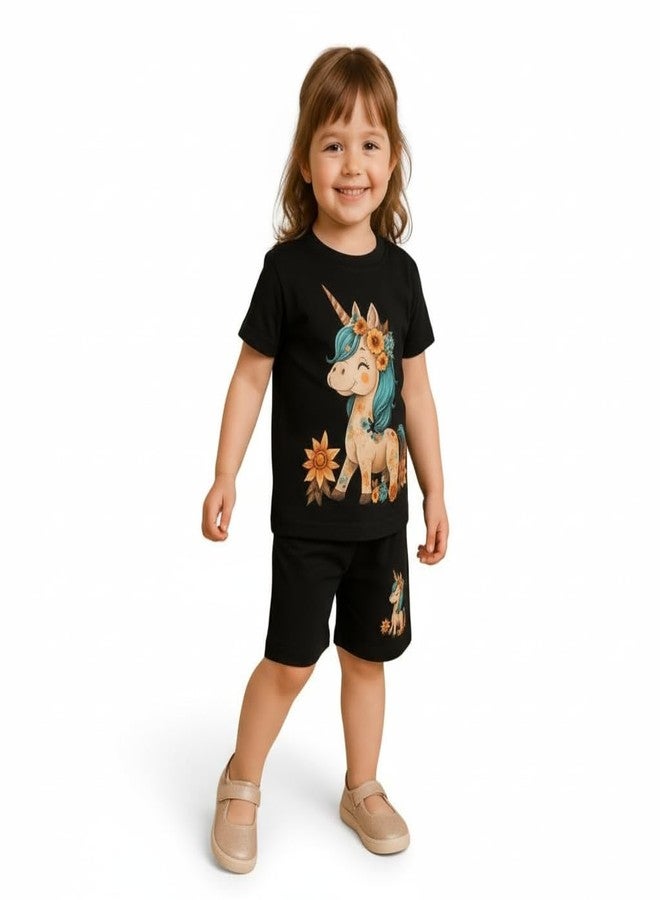 Fommy Pure Cotton T-Shirt Shorts Set for Baby Girl & Toddlers (Black) | Unicorn Print Summer Casual Outfit for Girls | Ultra-Soft Half Sleeve Top & Shorts Cord Set for Home, Play & Outing | 3-4Y - Image 2