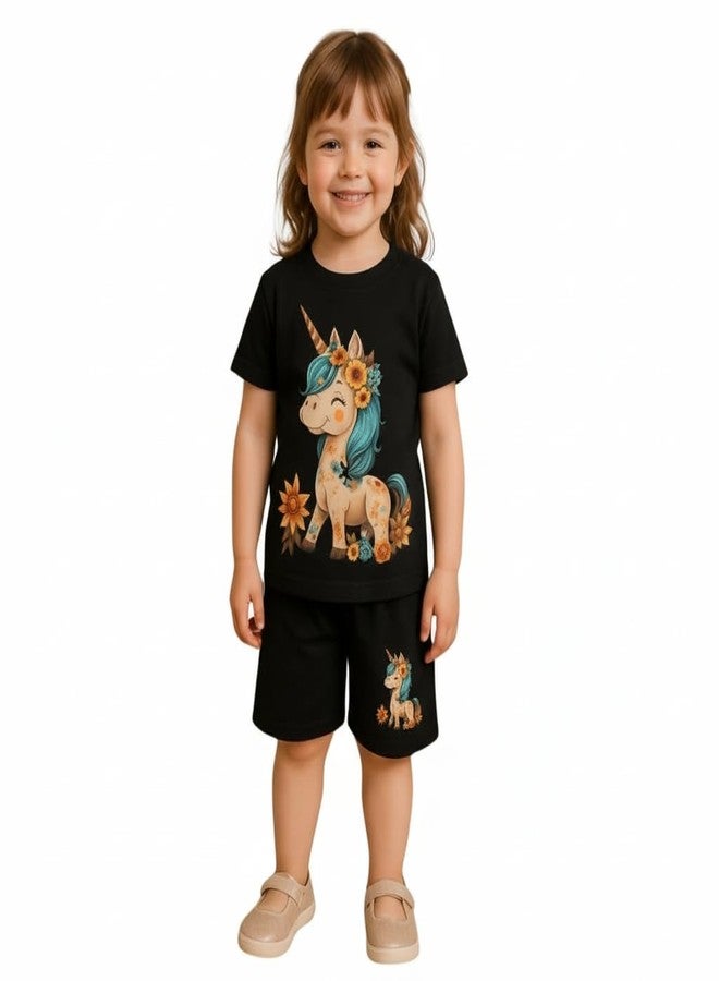 Fommy Pure Cotton T-Shirt Shorts Set for Baby Girl & Toddlers (Black) | Unicorn Print Summer Casual Outfit for Girls | Ultra-Soft Half Sleeve Top & Shorts Cord Set for Home, Play & Outing | 3-4Y - Image 1