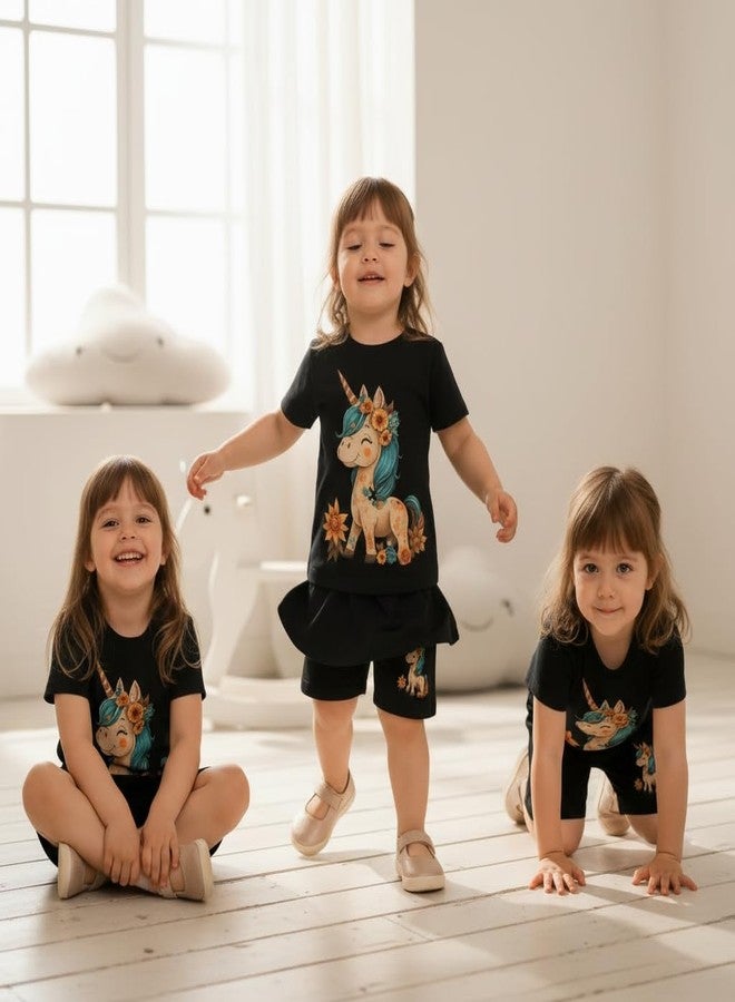 Fommy Pure Cotton T-Shirt Shorts Set for Baby Girl & Toddlers (Black) | Unicorn Print Summer Casual Outfit for Girls | Ultra-Soft Half Sleeve Top & Shorts Cord Set for Home, Play & Outing | 3-4Y - Image 3
