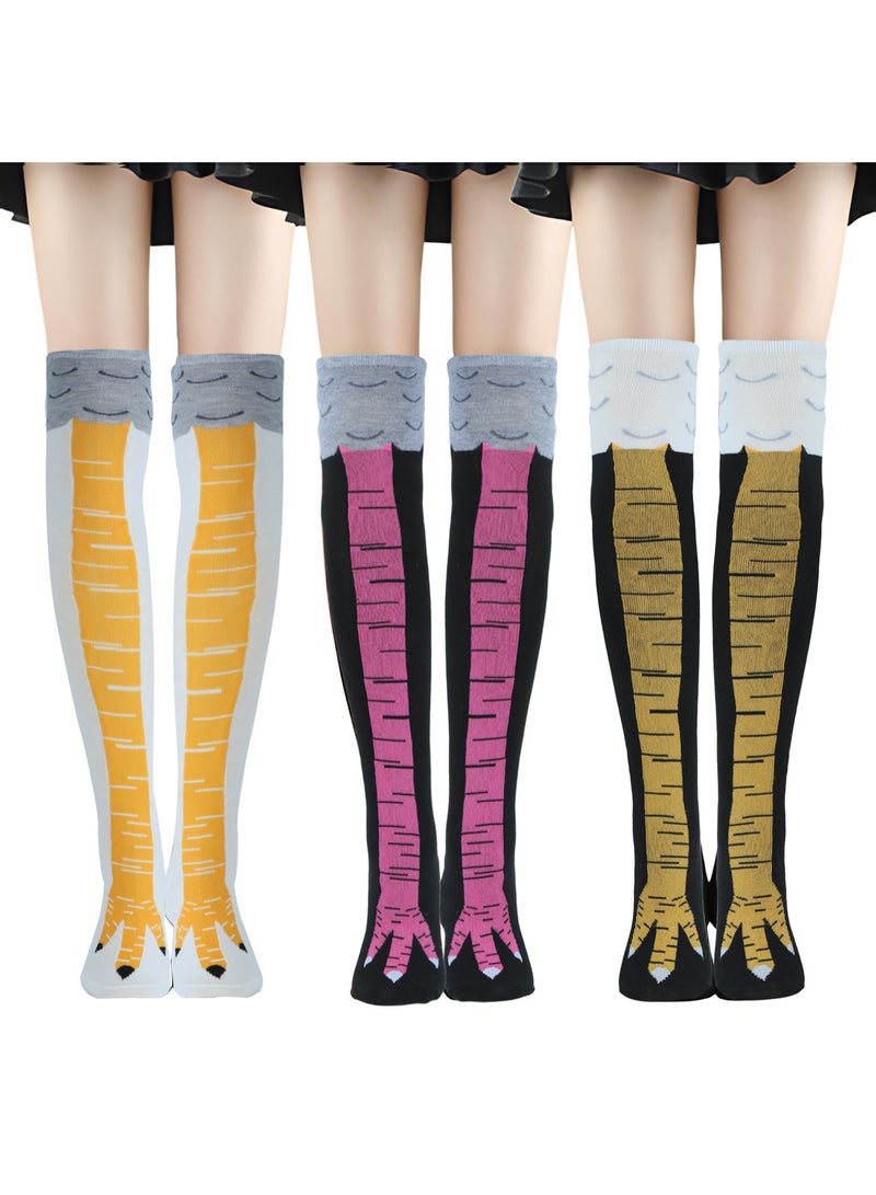 Relex 3Pack Chicken Leg Socks, Chicken Feet Stockings, Cotton Knee Thigh High Socks Novelty Pattern Athletic Socks for Women Girls Striped Socks - Image 1