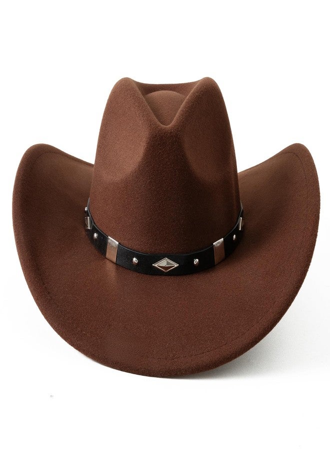 Lanzom Women Men Classic Felt Wide Brim Western Cowboy Cowgirl Hat with Belt Buckle (Coffee 1, Medium-Large) - Image 3