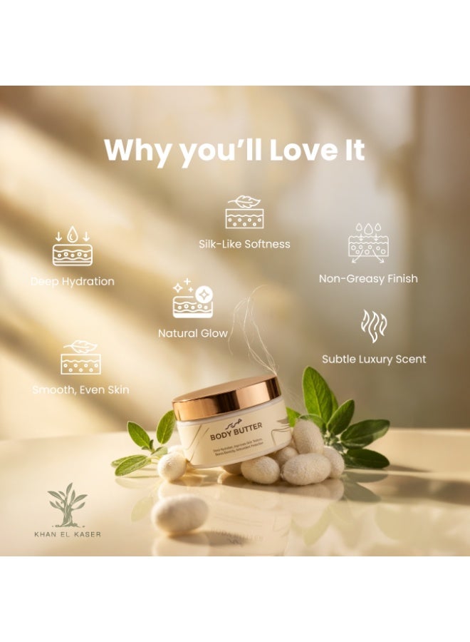 خان القصر زبدة الجسم - الحرير | 200غ | ترطيب عميق، تغذية مكثفة وملمس حريرrishing Moisturizer for Silky Smي | امتصاص سريع دون ملمس دهني | للبشرة الجافة والحساسة - Image 2