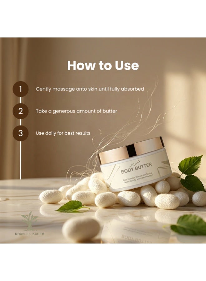 خان القصر زبدة الجسم - الحرير | 200غ | ترطيب عميق، تغذية مكثفة وملمس حريرrishing Moisturizer for Silky Smي | امتصاص سريع دون ملمس دهني | للبشرة الجافة والحساسة - Image 3