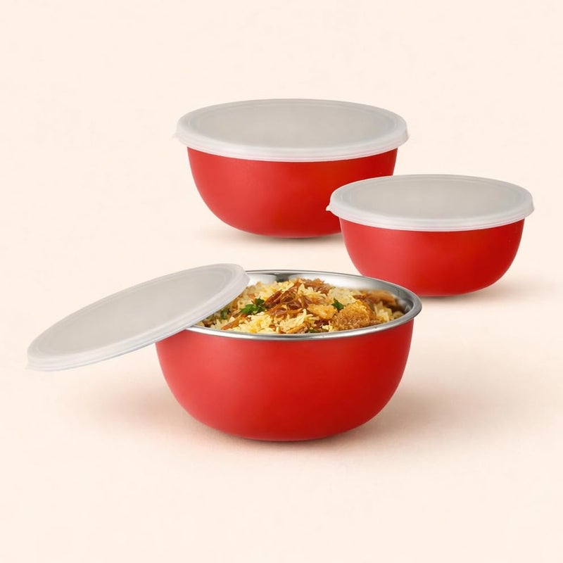 Zaib Microwave Safe Stainless Steel Food Storage Container with Lid | Euro Mixing Bowl Set for Kitchen | 500ml, 800ml, 1250ml | Pack of 3 | Reheatable, Leak-Proof, BPA-Free (3 Plain Red) - Image 1