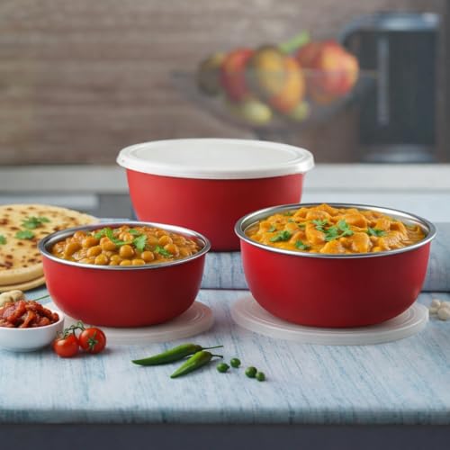 Zaib Microwave Safe Stainless Steel Food Storage Container with Lid | Euro Mixing Bowl Set for Kitchen | 500ml, 800ml, 1250ml | Pack of 3 | Reheatable, Leak-Proof, BPA-Free (3 Plain Red) - Image 5