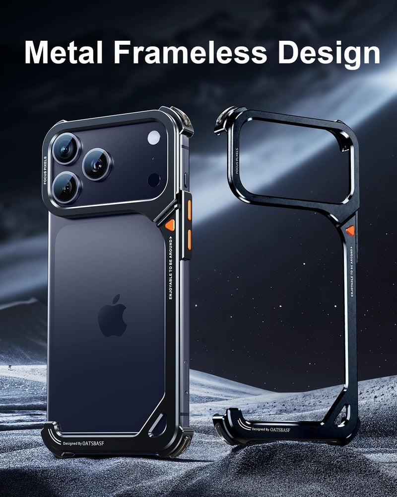 OATSBASF 9 Case for iPhone 17 Pro Max Bumper Case Metal, Aluminum Frame Slim Fit No Back Design, Compatible with MagSafe, Shockproof Protection, Minimalist Frameless Phone Case, Black - Image 2