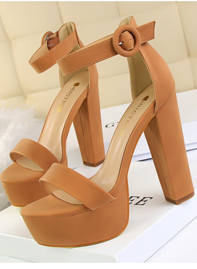 بيج تري Women's Thick Heeled High Heels With Waterproof Platform Open Toe Chunky Heel Sandals Shoes With Adjustable Buckle Camel - Image 1