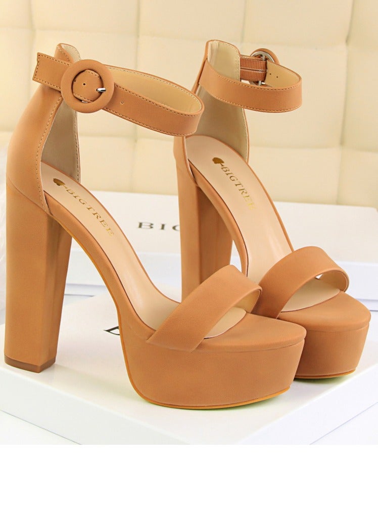 بيج تري Women's Thick Heeled High Heels With Waterproof Platform Open Toe Chunky Heel Sandals Shoes With Adjustable Buckle Camel - Image 2