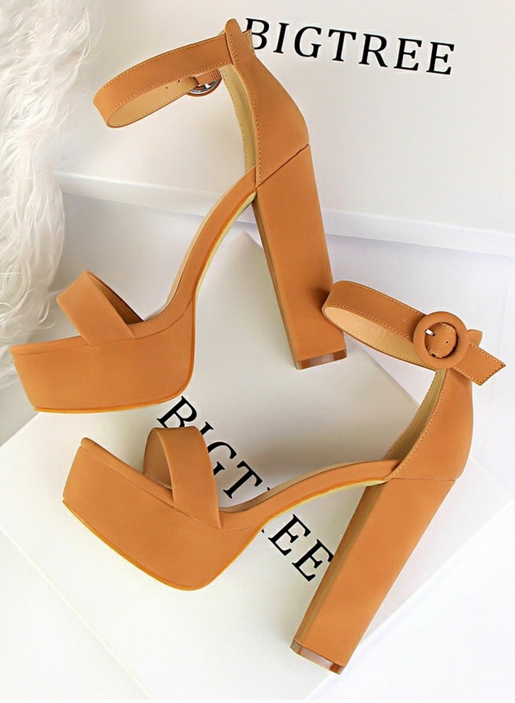 بيج تري Women's Thick Heeled High Heels With Waterproof Platform Open Toe Chunky Heel Sandals Shoes With Adjustable Buckle Camel - Image 3