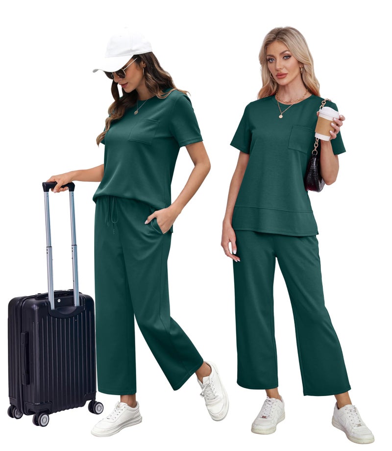 OFEEFAN Women Two Piece Lounge Set Casual Summer 2 PC Airport Outfit Spring Loose Short Sleeve Tracksuit Wide Leg Loungewear Travel Clothing Vacation Clothes Women's Cruise Sweatsuit Green L - Image 5
