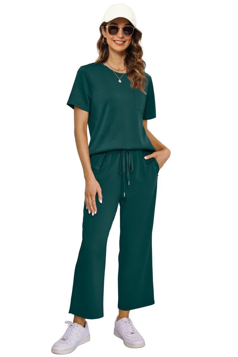 OFEEFAN Women Two Piece Lounge Set Casual Summer 2 PC Airport Outfit Spring Loose Short Sleeve Tracksuit Wide Leg Loungewear Travel Clothing Vacation Clothes Women's Cruise Sweatsuit Green L - Image 4
