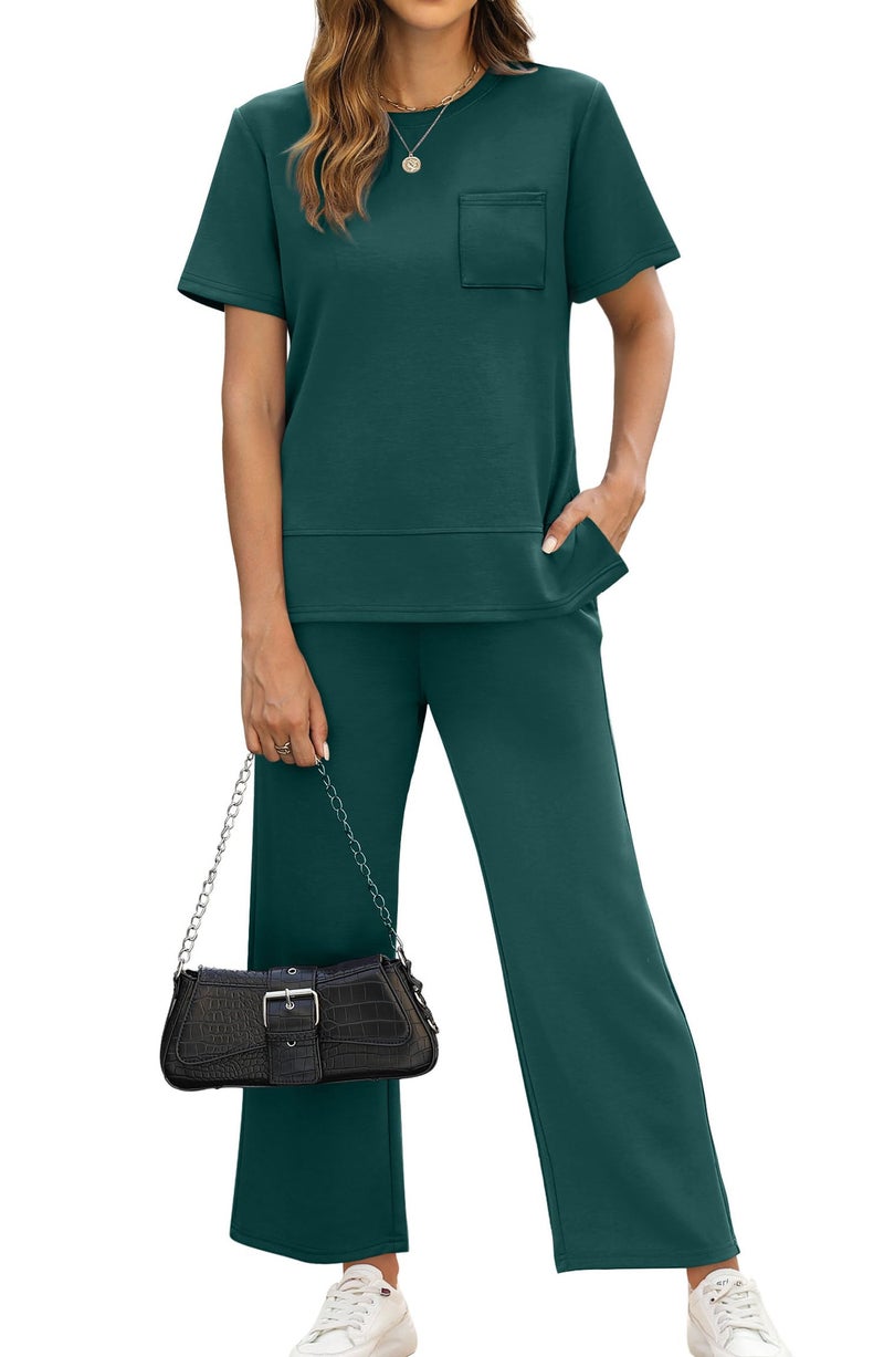 OFEEFAN Women Two Piece Lounge Set Casual Summer 2 PC Airport Outfit Spring Loose Short Sleeve Tracksuit Wide Leg Loungewear Travel Clothing Vacation Clothes Women's Cruise Sweatsuit Green L - Image 2