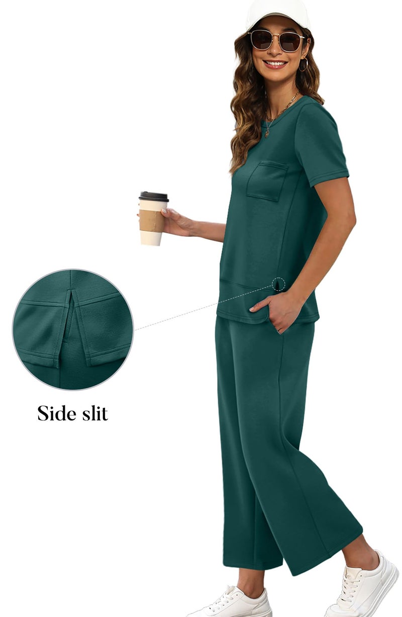 OFEEFAN Women Two Piece Lounge Set Casual Summer 2 PC Airport Outfit Spring Loose Short Sleeve Tracksuit Wide Leg Loungewear Travel Clothing Vacation Clothes Women's Cruise Sweatsuit Green L - Image 3