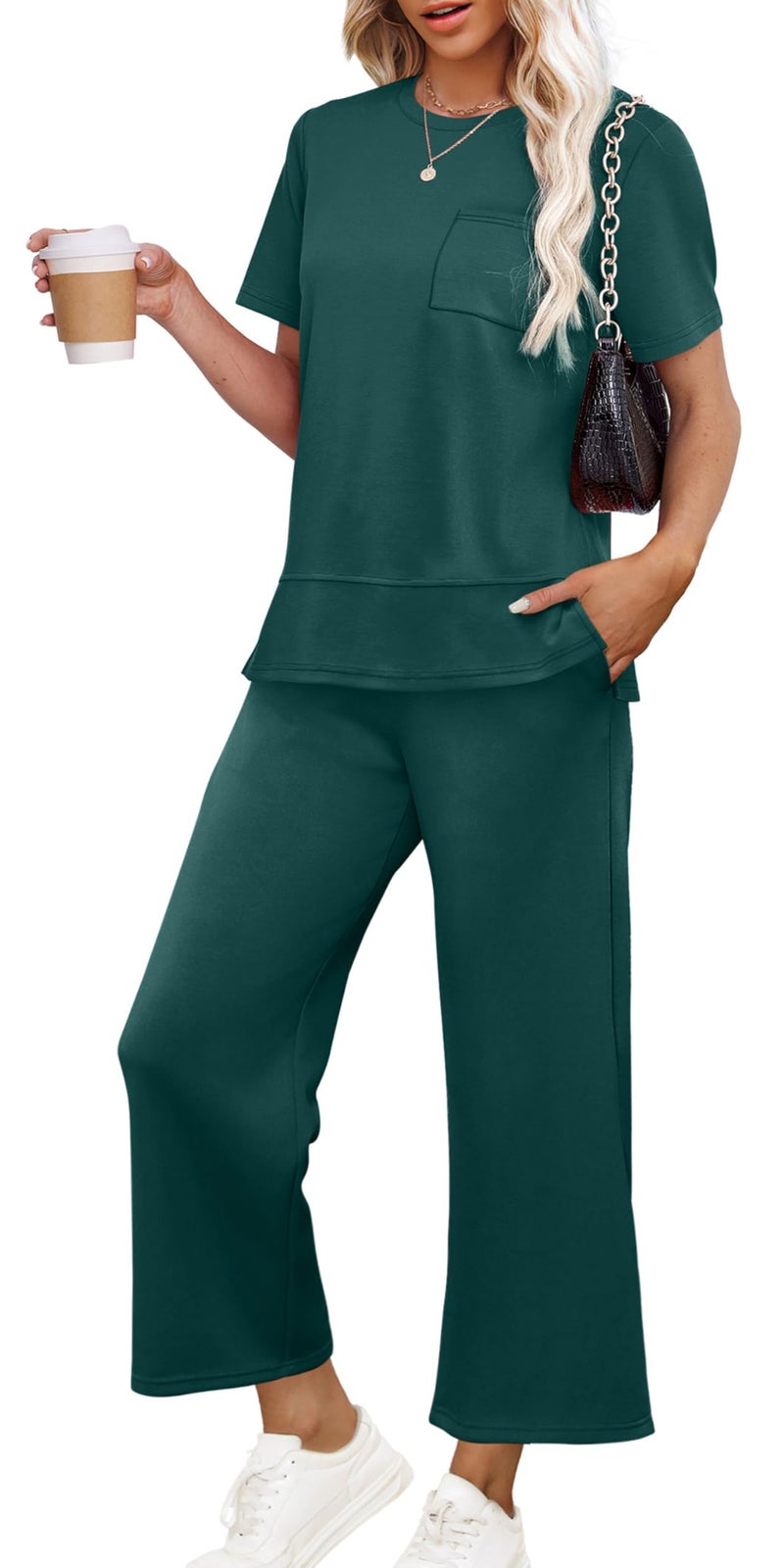 OFEEFAN Women Two Piece Lounge Set Casual Summer 2 PC Airport Outfit Spring Loose Short Sleeve Tracksuit Wide Leg Loungewear Travel Clothing Vacation Clothes Women's Cruise Sweatsuit Green L - Image 1