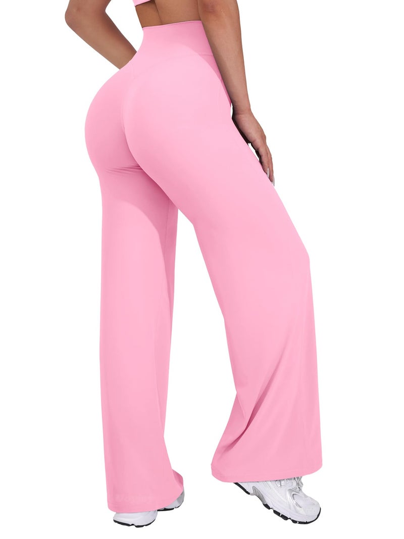 VOYJOY Straight Leggings Bottoms Wide Leg Pants for Women 29"/ 31.5"/33"/35" High Waist Stretch Casual Sweatpants Bubblegum Pink - Image 1