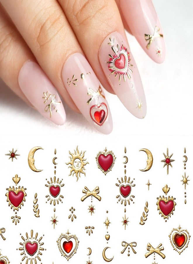 Pretty Diva PrettyDiva 5D Embossed Love Heart Moon Star Nails Art Stickers for Valentine's Day, Gold Self-Adhesive Red Love Heart Nails Decals Sticker with Rhinestone Nail Art Decoration - Image 1