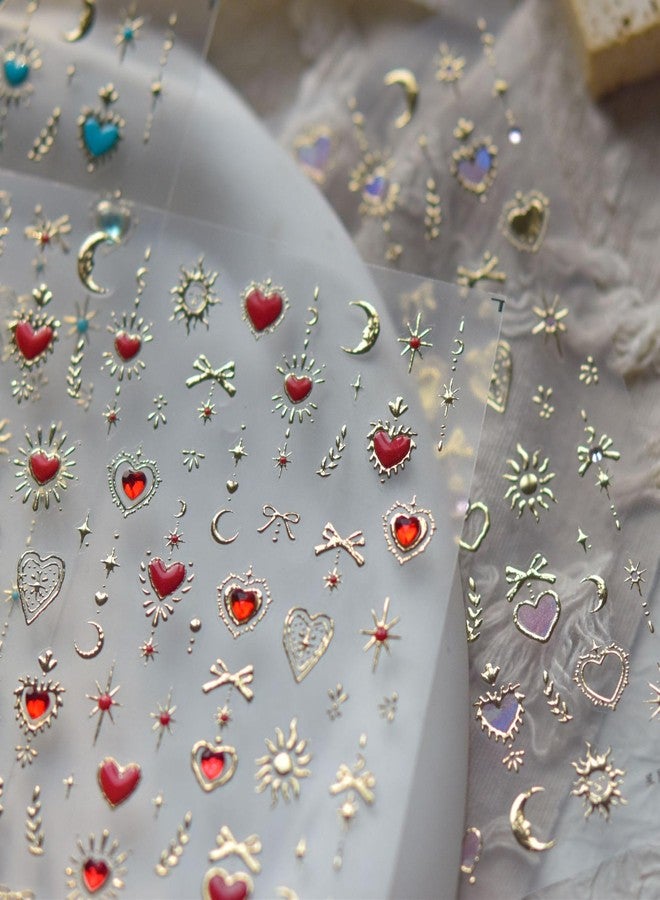 Pretty Diva PrettyDiva 5D Embossed Love Heart Moon Star Nails Art Stickers for Valentine's Day, Gold Self-Adhesive Red Love Heart Nails Decals Sticker with Rhinestone Nail Art Decoration - Image 2