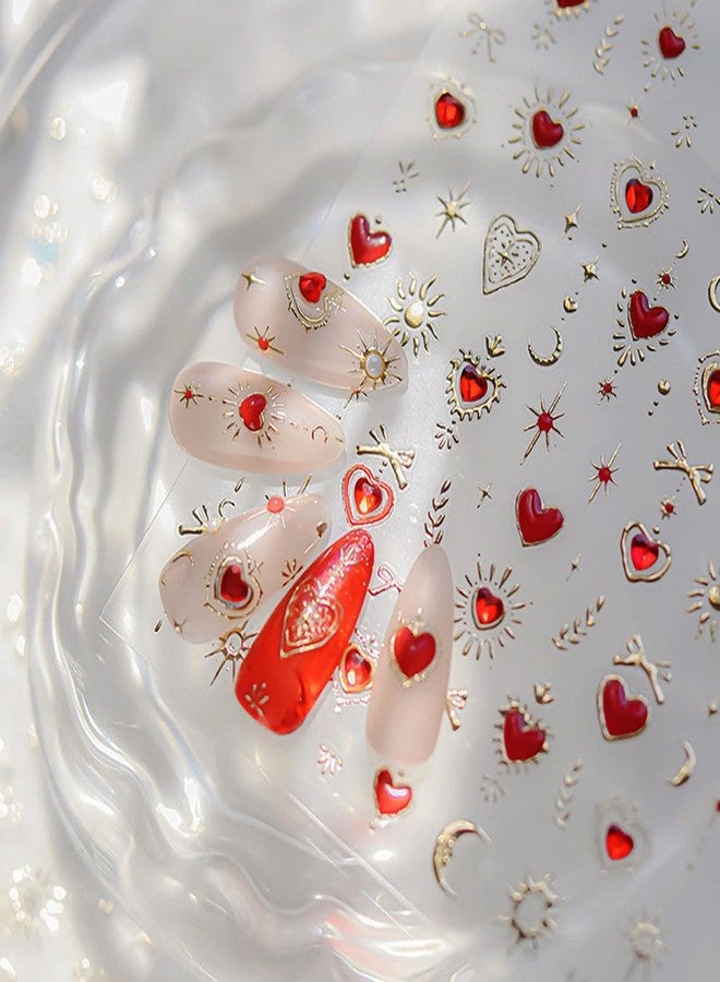 Pretty Diva PrettyDiva 5D Embossed Love Heart Moon Star Nails Art Stickers for Valentine's Day, Gold Self-Adhesive Red Love Heart Nails Decals Sticker with Rhinestone Nail Art Decoration - Image 4