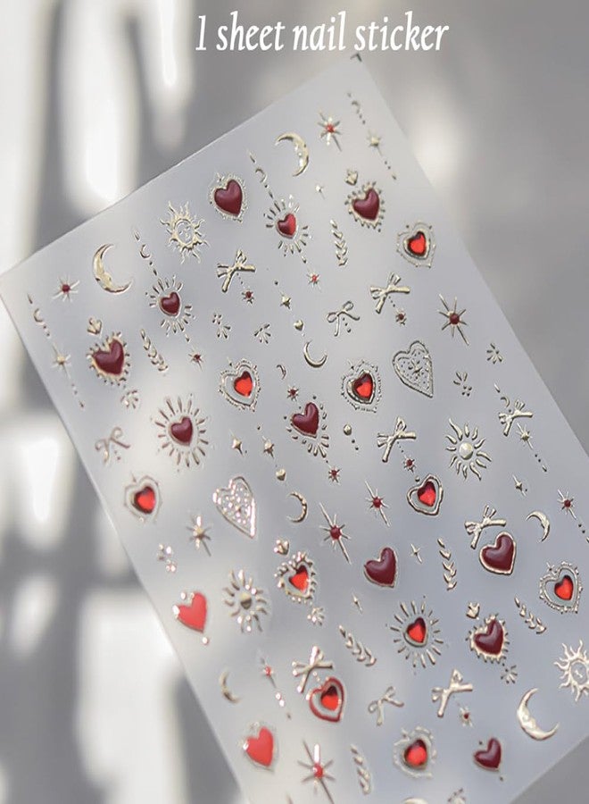 Pretty Diva PrettyDiva 5D Embossed Love Heart Moon Star Nails Art Stickers for Valentine's Day, Gold Self-Adhesive Red Love Heart Nails Decals Sticker with Rhinestone Nail Art Decoration - Image 3