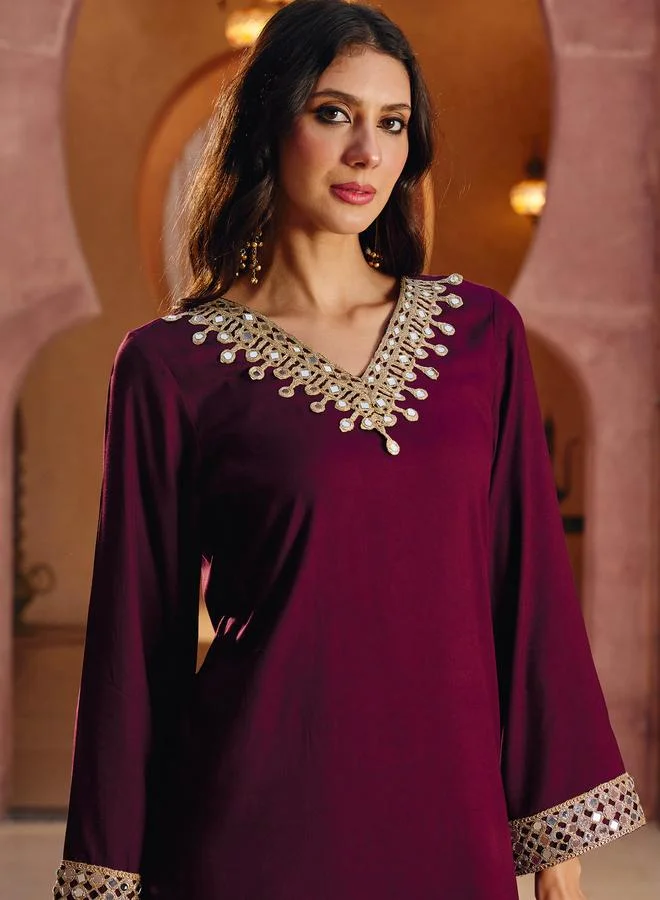 Sassafras Burgundy Rayon Mirror-Work Abaya Dress