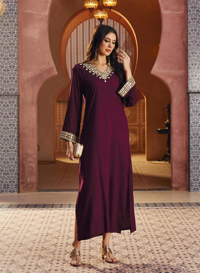 Sassafras Burgundy Rayon Mirror-Work Abaya Dress